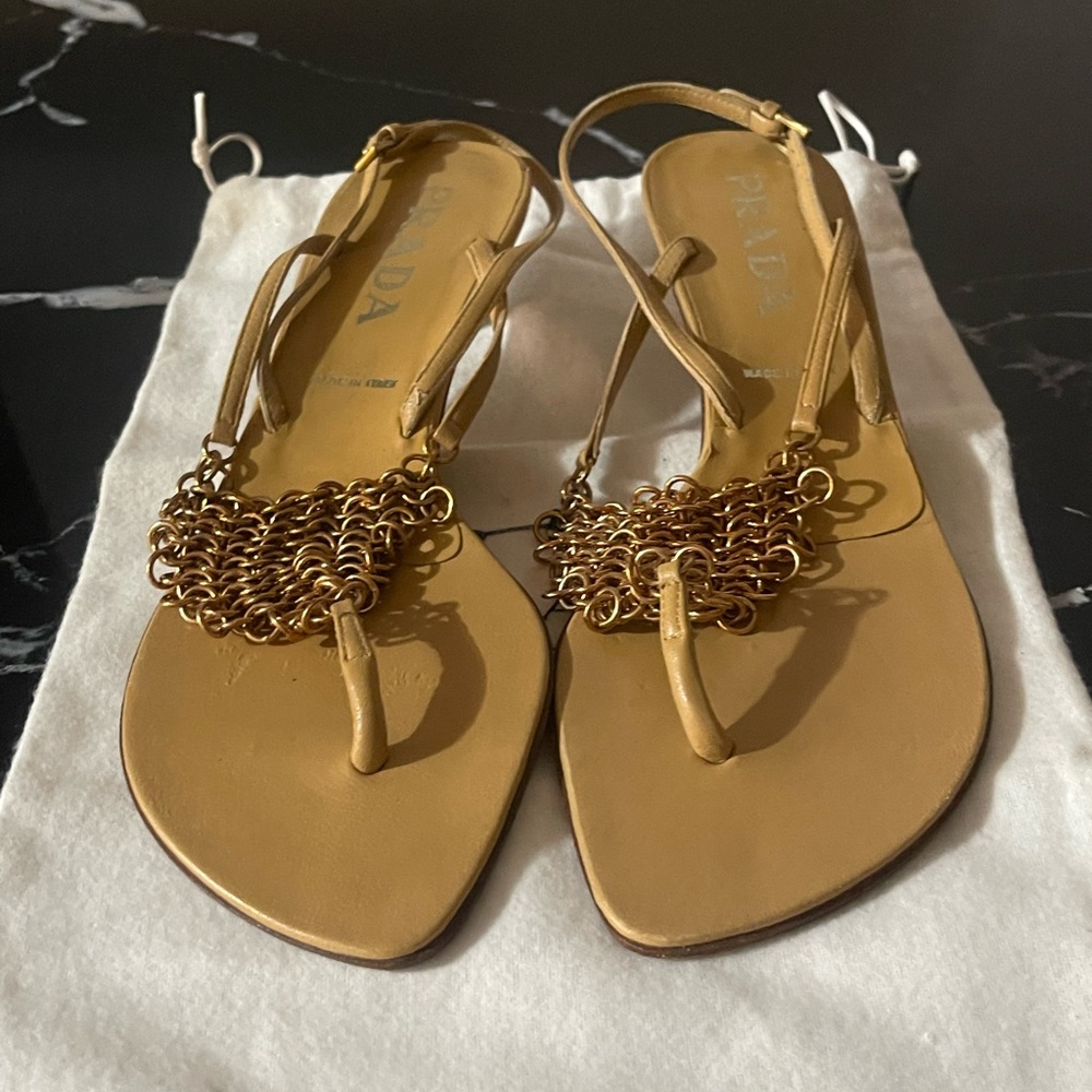 Prada Gold Leather Sandals with Chain Accent